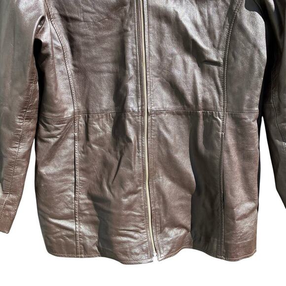 Style&Co Chocolate Brown Zip-up Leather Jacket Collared Hip Length Pockets Sz L - Picture 4 of 16